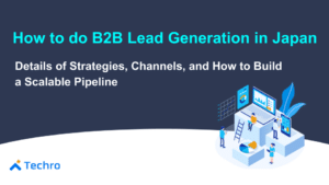 Hero banner for a B2B lead generation article: title text and isometric team around a data dashboard; Techro logo included.