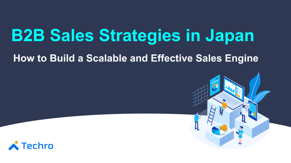 Hero banner for 'B2B Sales Strategies in Japan' with subtitle, showing an isometric team around computer dashboards on a white curved platform; Techro logo in lower-left.
