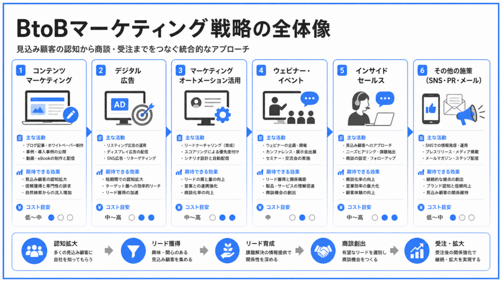 01_BtoBマーケティング施策の種類と期待効果費用相場 | テクロ株式会社 B2Bマーケティング戦略の全体像:見込み客を獲得する6つの施策を並べたカード型ガイド(コンテンツマーケティング、デジタル広告、MA活用、ウェビナー/イベント、インサイドセールス、その他施策)