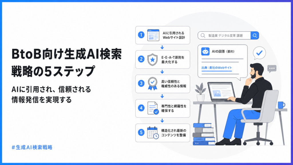 01_BtoB生成AI検索対策 | テクロ株式会社 B2B向け生成AI検索戦略の5ステップを解説する図。左に見出し、右に手順とデスクワークの人物のイラスト。