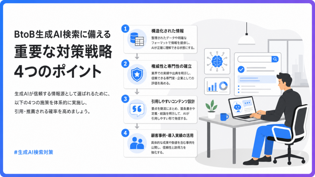 05_BtoB生成AI検索対策におけるコンテンツ作成術 | テクロ株式会社 B2B向け生成AI検索対策の4ポイントを図解した日本語の infographic。左に見出しと説明、右に4つのポイントのアイコンと矢印の流れ。