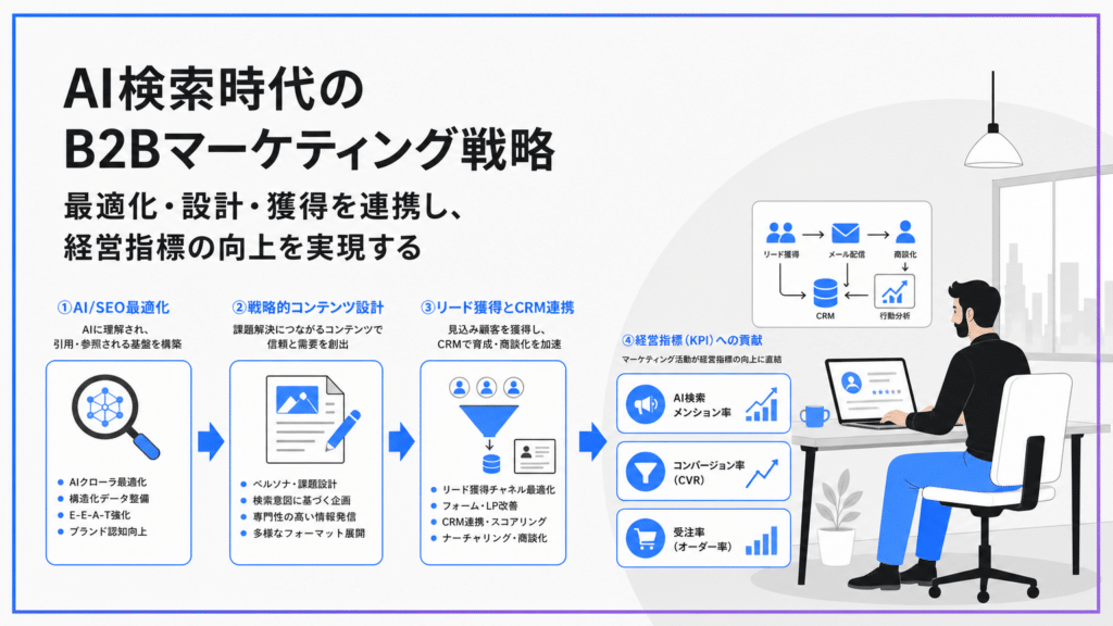 05_経営層が押さえるべきAI検索時代のBtoBマーケティング戦略の全体像 簡略版 | テクロ株式会社 AI検索時代のB2Bマーケ戦略を解説する図解。4つの施策と、右側にデスクで作業する男性のイラスト。
