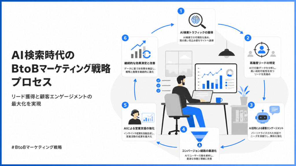03_AI検索時代のリード獲得と顧客エンゲージメントのプロセス | テクロ株式会社 AI検索時代のBtoBマーケティング戦略プロセスを示す六ステップの円形フロー図。左側に太字の見出しテキスト。