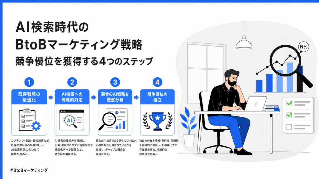 06_AI検索時代のBtoBマーケティング戦略 | テクロ株式会社 Four-step infographic on AI-powered BtoB marketing: 1) optimize existing strategy, 2) strategize with AI search, 3) analyze competitive AI strategies, 4) establish competitive advantage; small blue step icons with descriptions on the left, businessperson at a desk with charts on the right.