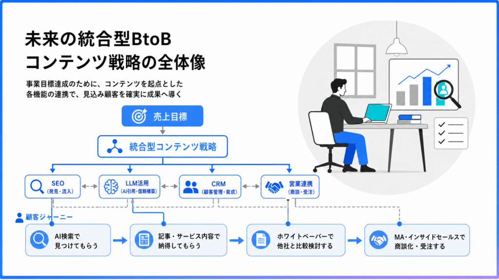 07_未来の統合型BtoBコンテンツ戦略 | テクロ株式会社 未来の統合型BtoBコンテンツ戦略の全体像を示すフロー図。目標設定から統合戦略、SEO・CRM・営業連携、顧客ジャーニーへ。