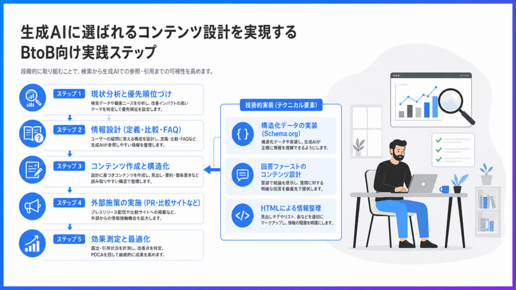 04_LLMO導入の具体的なステップと技術的実装 | テクロ株式会社 BtoB向け生成AIの実践ステップを左から右へ示すインフォグラフィック。ステップ1〜5と技術実装の説明、右端はデスクで作業する男性のイラスト。