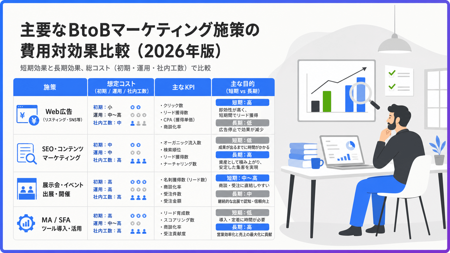 主要BtoBマーケティング施策の費用対効果比較(2026年版)