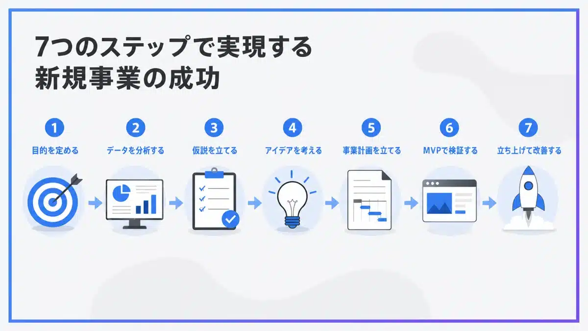 shinki-jigyou-kaihatsu-1 | テクロ株式会社 新規事業開拓の7つの成功ステップの図解
