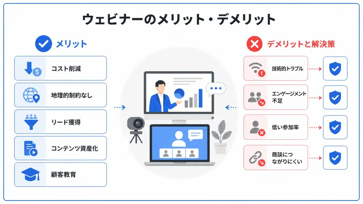 webinar-what-2 | テクロ株式会社 ウェビナー開催のメリット・デメリットと対策の図解